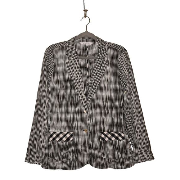 FOXCROFT NEW $118 Black White Gingham Crinkle Blazer Jacket Size 8 - Picture 1 of 4